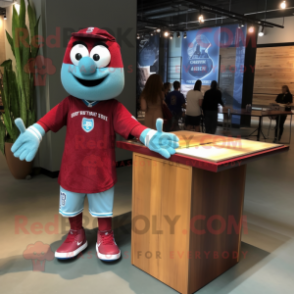Maroon Ping Pong Table mascot costume character dressed with a Chambray Shirt and Bracelet watches