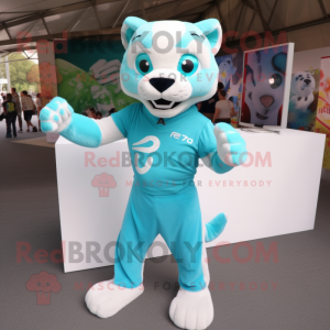 Cyan Puma mascot costume character dressed with a T-Shirt and Anklets