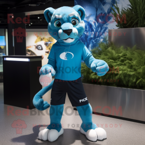 Cyan Puma mascot costume character dressed with a T-Shirt and Anklets