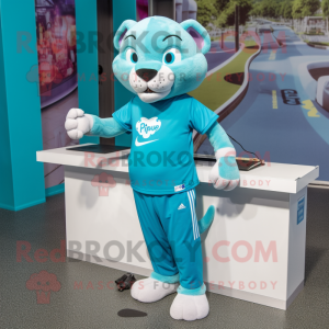 Cyan Puma mascot costume character dressed with a T-Shirt and Anklets