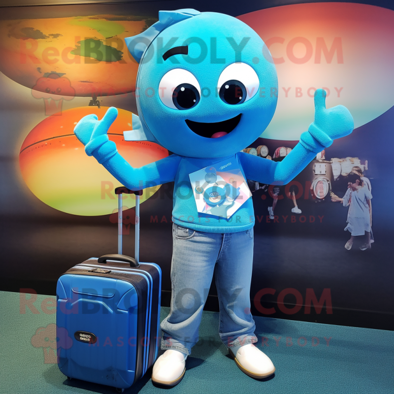 Cyan Juggle mascot costume character dressed with a Flare Jeans and Briefcases Cyan Juggle mascot costume character dressed with a Flare Jeans and Briefcases