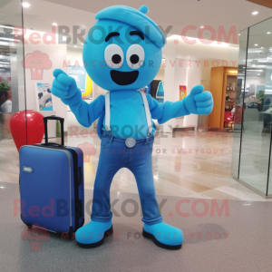 Cyan Juggle mascot costume character dressed with a Flare Jeans and Briefcases