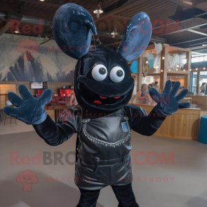 Black Lobster mascot costume character dressed with a Denim Shirt and Bracelets