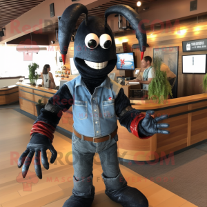 Black Lobster mascot costume character dressed with a Denim Shirt and Bracelets