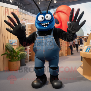 Black Lobster mascot costume character dressed with a Denim Shirt and Bracelets