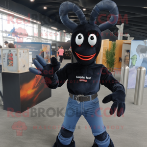 Black Lobster mascot costume character dressed with a Denim Shirt and Bracelets