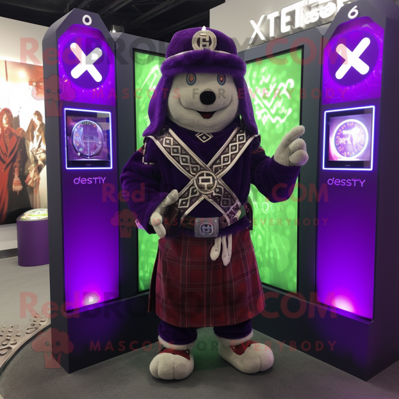 Purple Celtic Cross mascot costume character dressed with a Waistcoat and Foot pads Purple Celtic Cross mascot costume character dressed with a Waistcoat and Foot pads