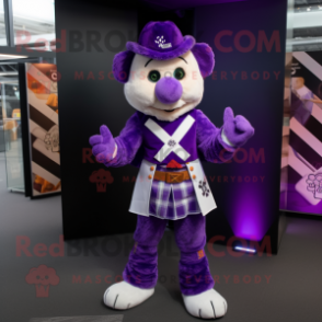 Purple Celtic Cross mascot costume character dressed with a Waistcoat and Foot pads