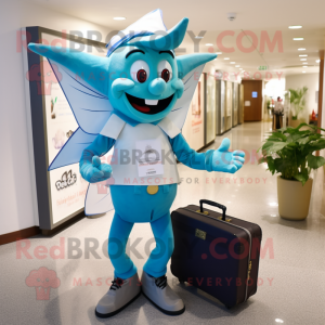 Cyan Tooth Fairy mascot costume character dressed with a Chinos and Briefcases