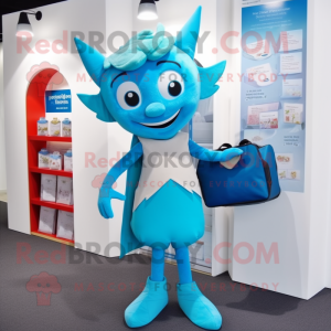 Cyan Tooth Fairy mascot costume character dressed with a Chinos and Briefcases