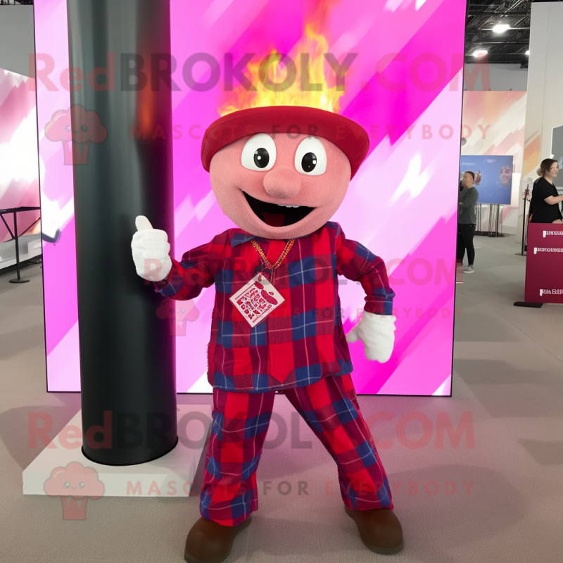 Magenta Fire Eater mascot costume character dressed with a Flannel Shirt and Pocket squares Magenta Fire Eater mascot costume character dressed with a Flannel Shirt and Pocket squares