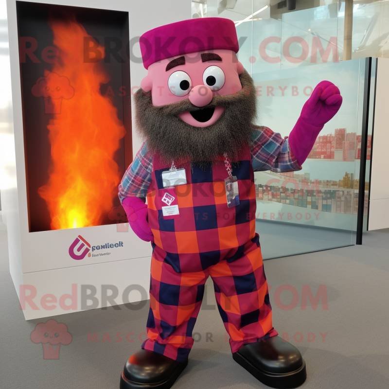 Magenta Fire Eater mascot costume character dressed with a Flannel Shirt and Pocket squares