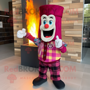 Magenta Fire Eater mascot costume character dressed with a Flannel Shirt and Pocket squares