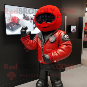 Red Boxing Glove mascot costume character dressed with a Leather Jacket and Smartwatches