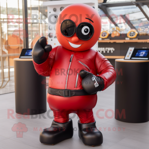 Red Boxing Glove mascot costume character dressed with a Leather Jacket and Smartwatches