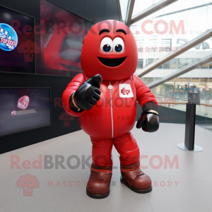 Red Boxing Glove mascot costume character dressed with a Leather Jacket and Smartwatches