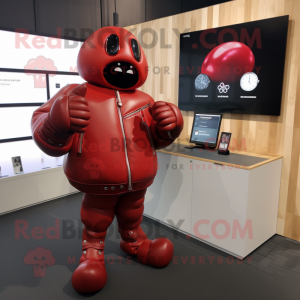 Red Boxing Glove mascot costume character dressed with a Leather Jacket and Smartwatches