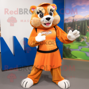 Orange Mountain Lion mascot costume character dressed with a Pleated Skirt and Mittens