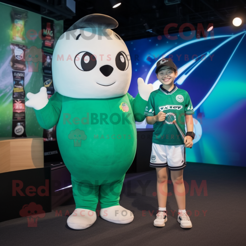 Green Narwhal mascot costume character dressed with a Rugby Shirt and Watches Green Narwhal mascot costume character dressed with a Rugby Shirt and Watches