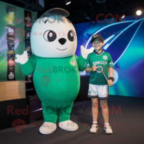 Green Narwhal mascot costume character dressed with a Rugby Shirt and Watches