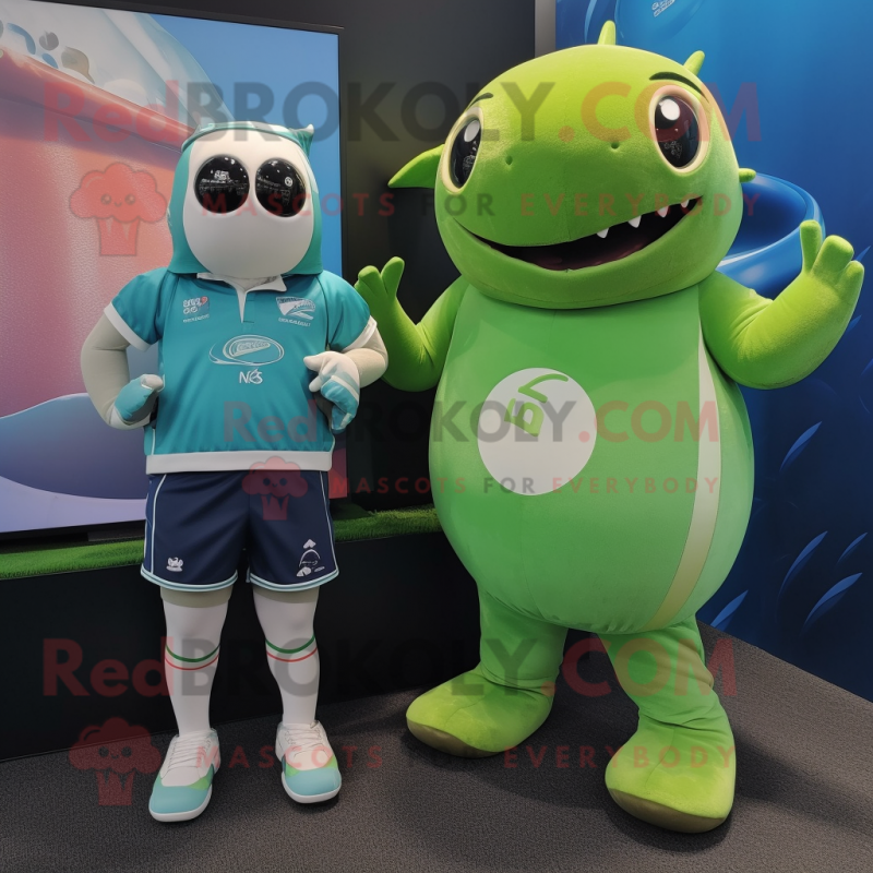 Green Narwhal mascot costume character dressed with a Rugby Shirt and Watches