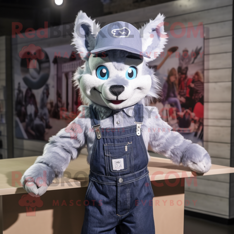 Silver Lynx mascot costume character dressed with a Denim Shirt and Beanies