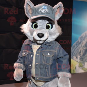 Silver Lynx mascot costume character dressed with a Denim Shirt and Beanies