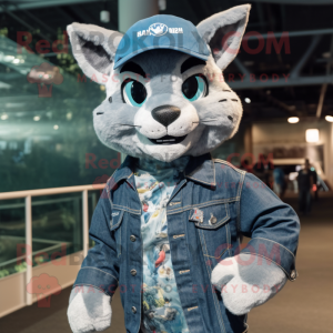 Silver Lynx mascot costume character dressed with a Denim Shirt and Beanies