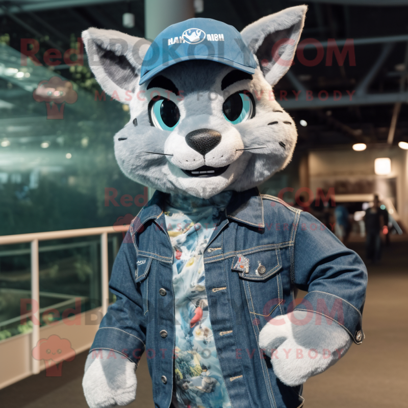 Silver Lynx mascot costume character dressed with a Denim Shirt and Beanies Silver Lynx mascot costume character dressed with a Denim Shirt and Beanies