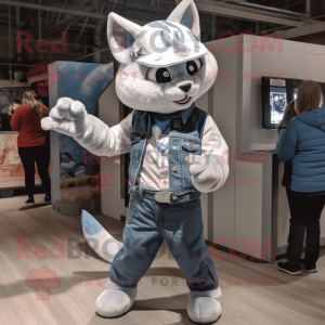 Silver Lynx mascot costume character dressed with a Denim Shirt and Beanies