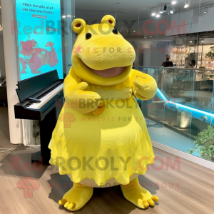 Lemon Yellow Hippopotamus mascot costume character dressed with a Dress and Hairpins