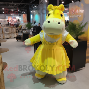 Lemon Yellow Hippopotamus mascot costume character dressed with a Dress and Hairpins