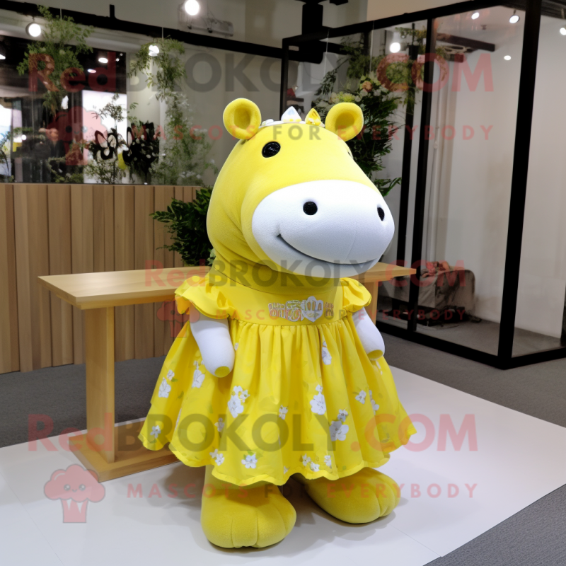 Lemon Yellow Hippopotamus mascot costume character dressed with a Dress and Hairpins Lemon Yellow Hippopotamus mascot costume character dressed with a Dress and Hairpins