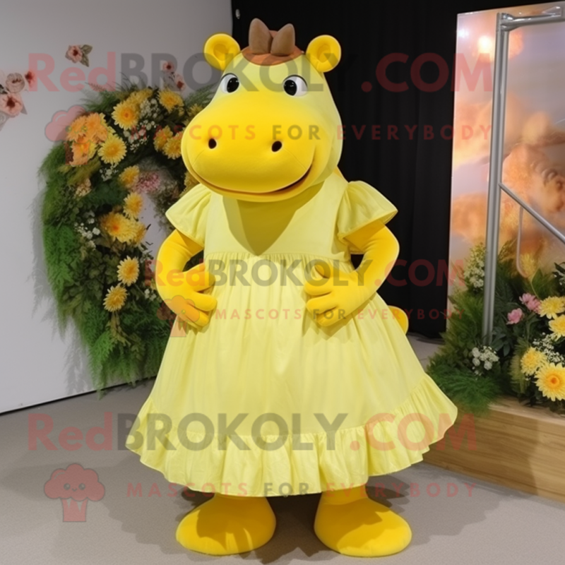 Lemon Yellow Hippopotamus mascot costume character dressed with a Dress and Hairpins