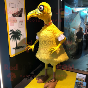 Yellow Dodo Bird mascot costume character dressed with a Mini Skirt and Cufflinks