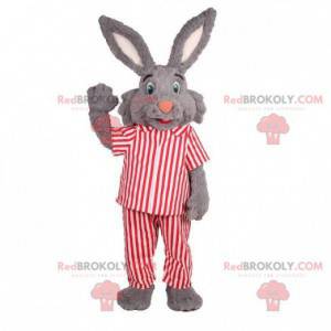 Grå kaninmaskot i stripete pyjamas - Redbrokoly.com