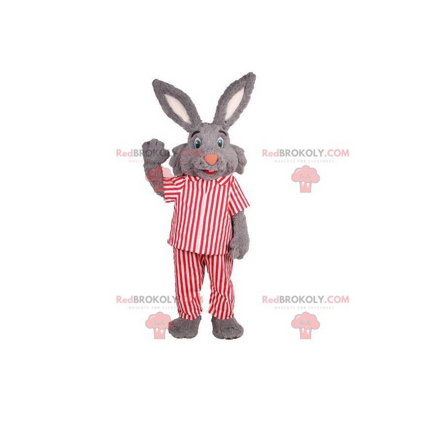 Grå kaninmaskot i stripete pyjamas - Redbrokoly.com