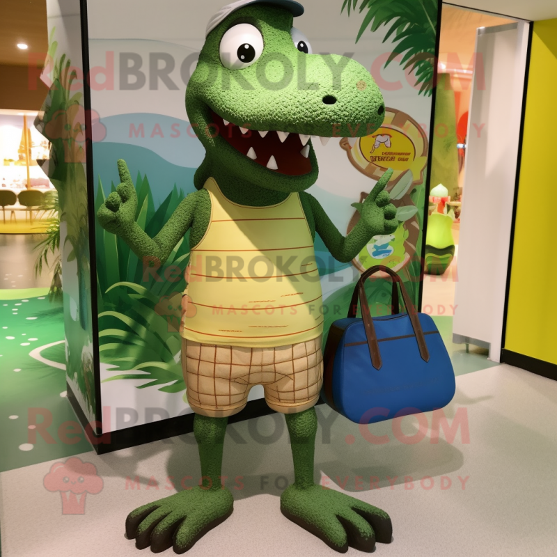 Olive Crocodile mascot costume character dressed with a Board Shorts and Handbags Olive Crocodile mascot costume character dressed with a Board Shorts and Handbags