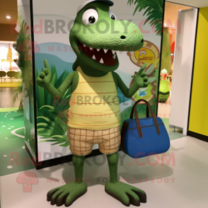 Olive Crocodile mascot costume character dressed with a Board Shorts and Handbags