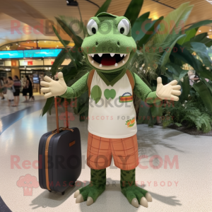 Olive Crocodile mascot costume character dressed with a Board Shorts and Handbags