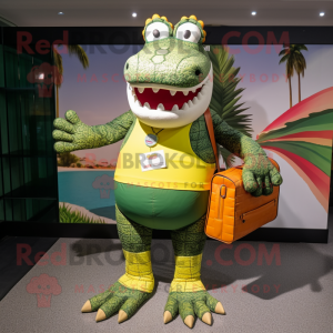 Olive Crocodile mascot costume character dressed with a Board Shorts and Handbags