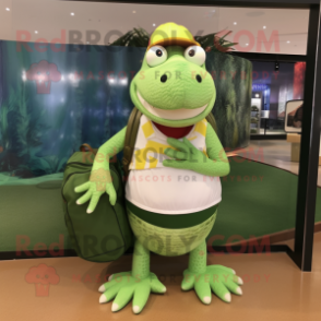 Olive Crocodile mascot costume character dressed with a Board Shorts and Handbags