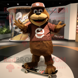 Brown Skateboard mascot costume character dressed with a V-Neck Tee and Bracelets