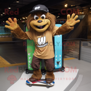 Brown Skateboard mascot costume character dressed with a V-Neck Tee and Bracelets