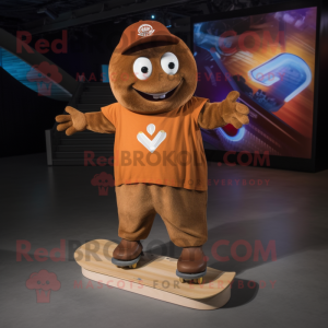 Brown Skateboard mascot costume character dressed with a V-Neck Tee and Bracelets