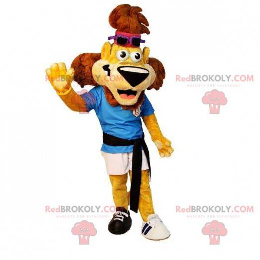 Yellow and brown sports lion mascot in sportswear -