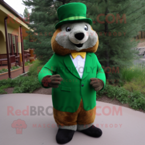 Forest Green Marmot mascot costume character dressed with a Suit and Shoe clips