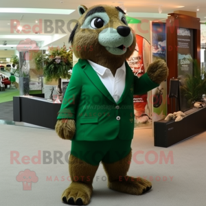 Forest Green Marmot mascot costume character dressed with a Suit and Shoe clips