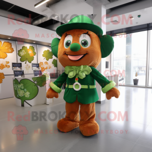 Rust Four Leaf Clover mascot costume character dressed with a Suit and Clutch bags