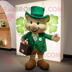 Rust Four Leaf Clover mascot costume character dressed with a Suit and Clutch bags